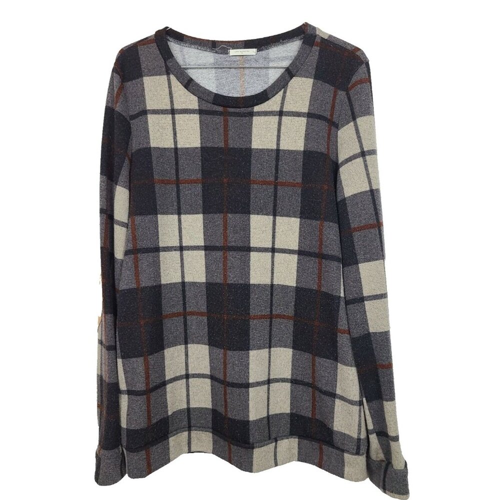 12pm By Mon Ami Womens Tunic Top Large Gray‎ Cream Plaid Soft Knit Elbow Patch